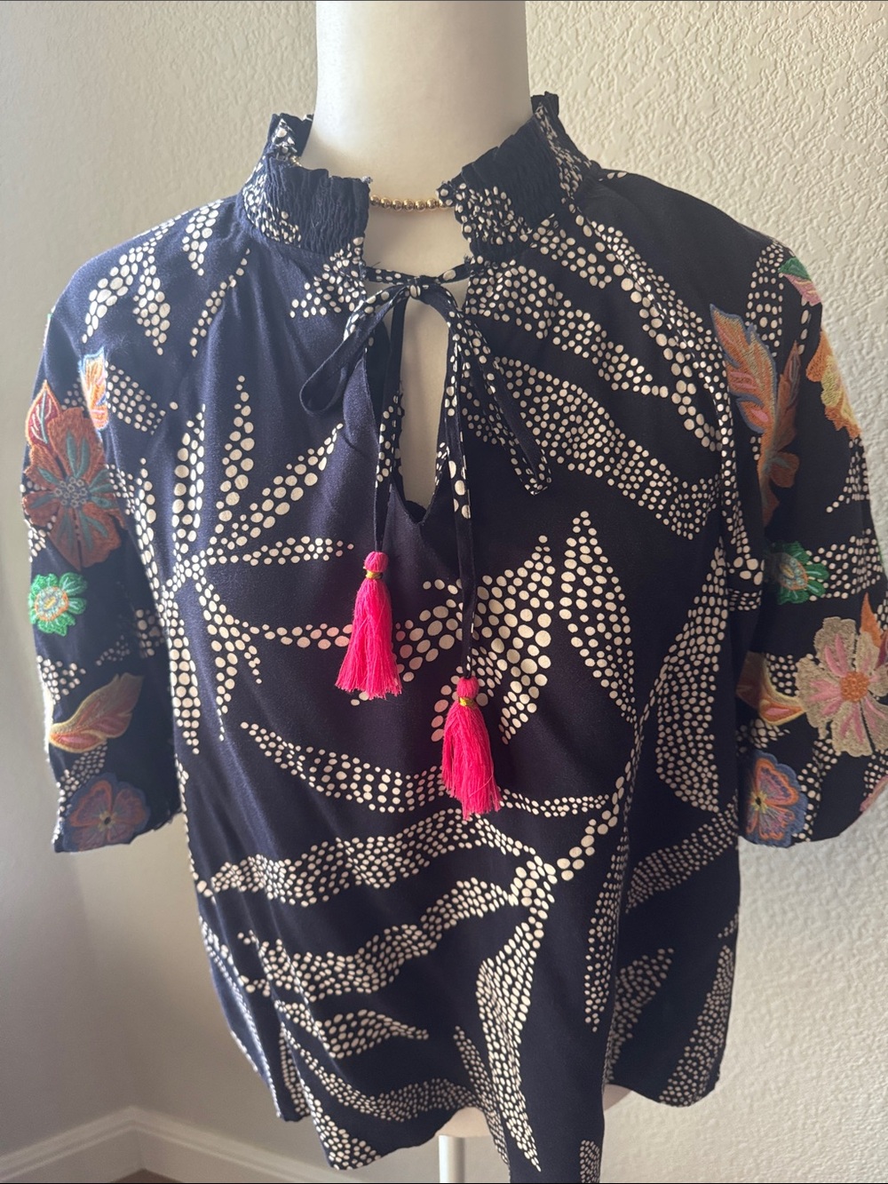 THML Navy Embroidered Floral top with Multicolor Appliqué